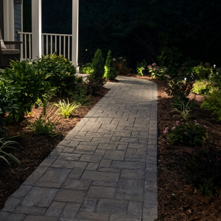 Warm porch ceiling lighting and low-voltage path lights along a curved front walkway and planting beds at night