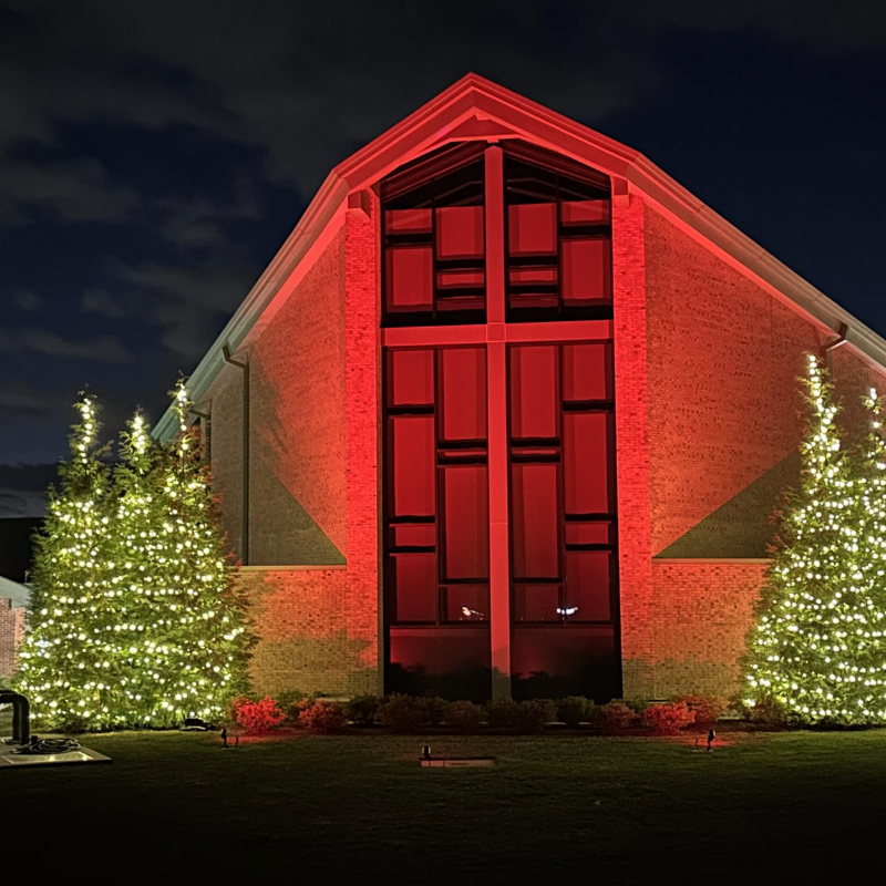 Commercial building with illuminated evergreen trees, roofline holiday lights, and architectural red façade lighting