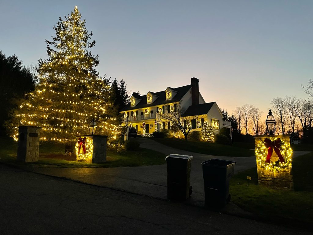 Holiday light installation featuring a large illuminated Christmas tree, decorated entrance, and warm white exterior lights.