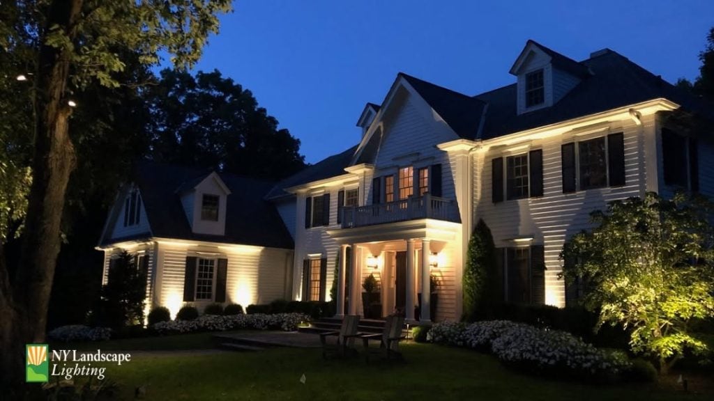 Landscape lighting on a Colonial home in Pinneys Corners, New Canaan, CT by NY Landscape Lighting