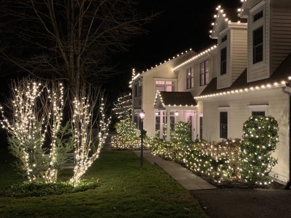 Home and landscape decorated with Christmas lights