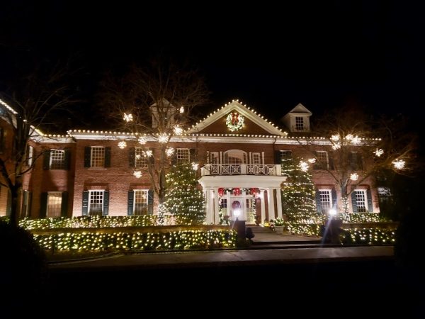 Residential Christmas light installation with warm white roofline lights, decorated trees, and a brick home.
